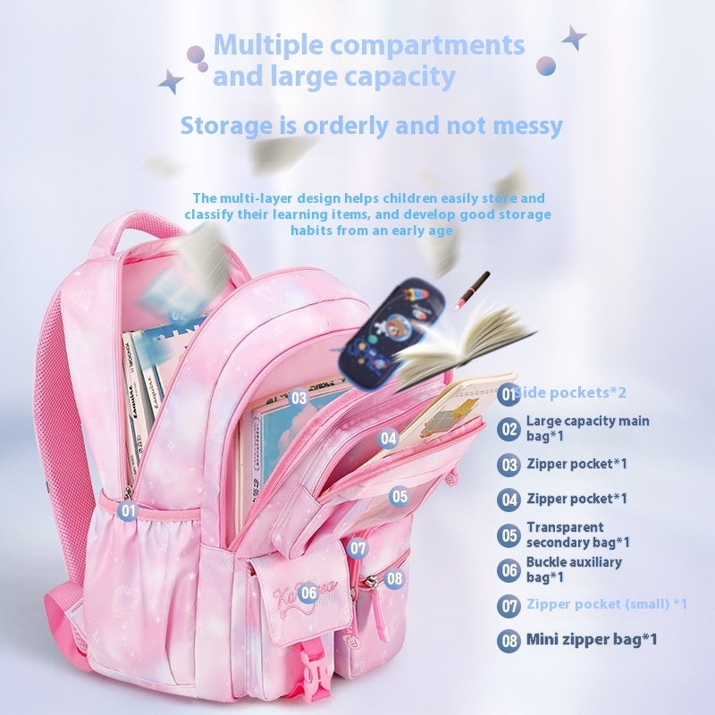 Pink Princess Primary School Student Schoolbag Children Backpack Girl Lightweight And Large Capacity